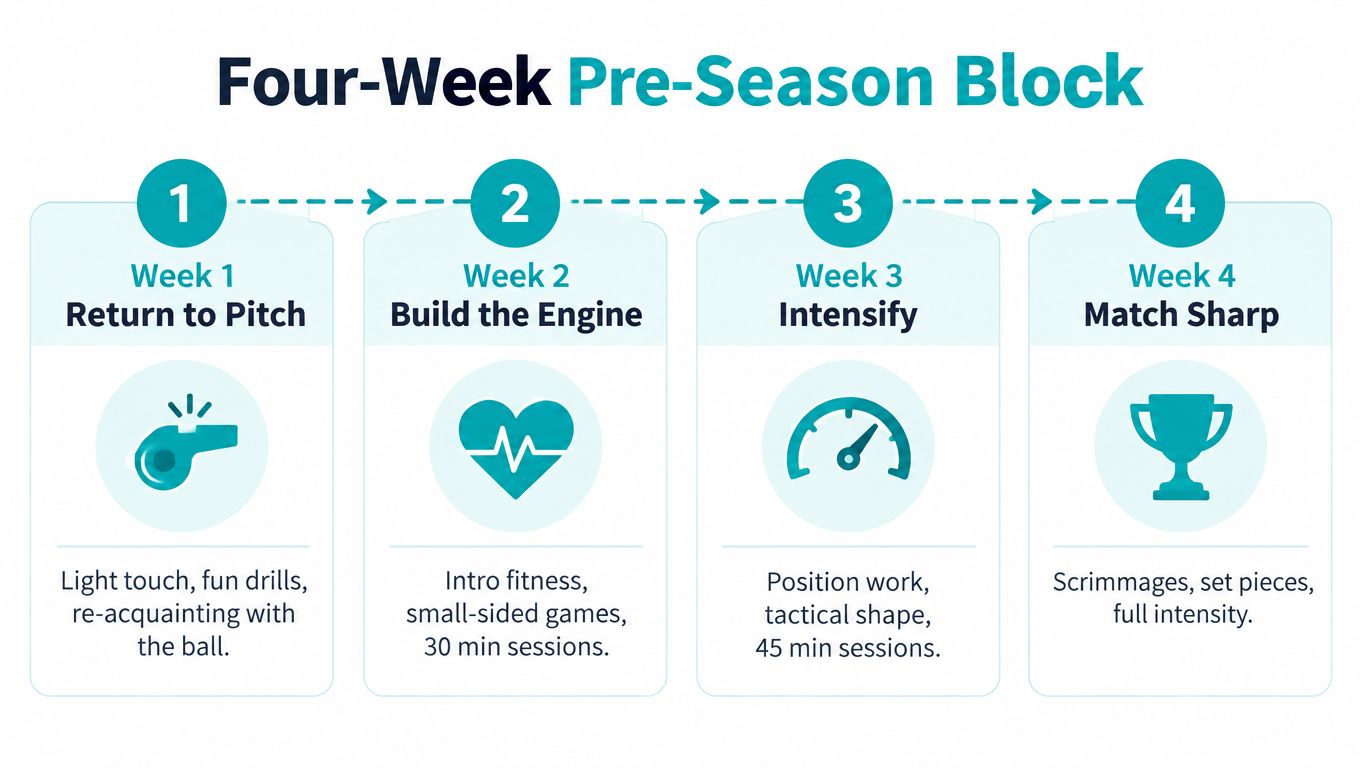 A four-week pre-season training plan infographic for football players illustrating weekly progression from light drills to full intensity.