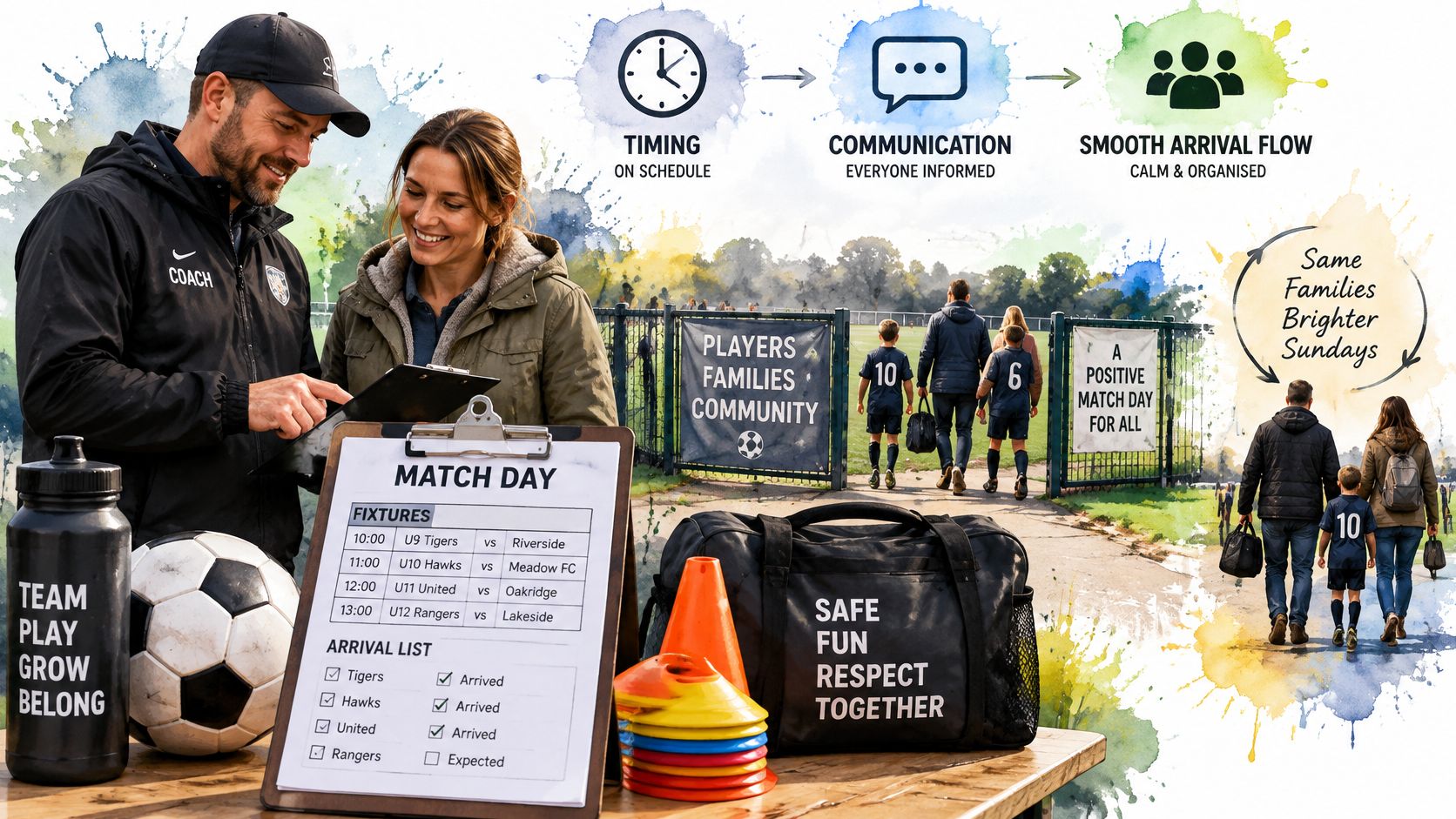 A coach and volunteer organize a soccer match day with arrival lists and equipment at the pitch entrance.