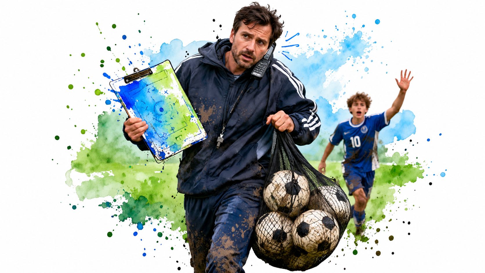 A busy soccer coach holding a tactic board, mobile phone, and a net full of soccer balls.