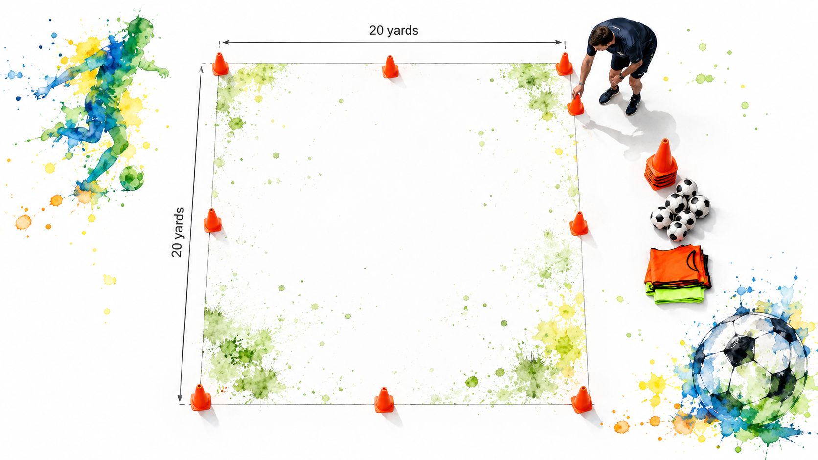 A coach sets up a twenty by twenty yard square field with orange cones for football training.