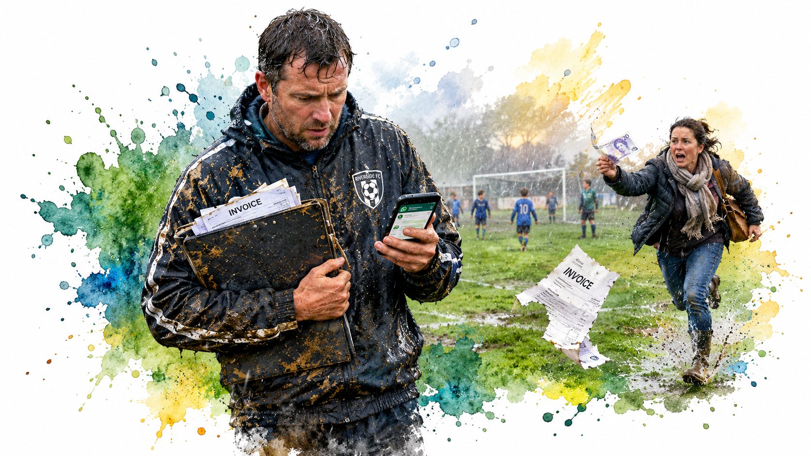 A muddy coach checks his phone while a woman runs towards him waving cash on a field.