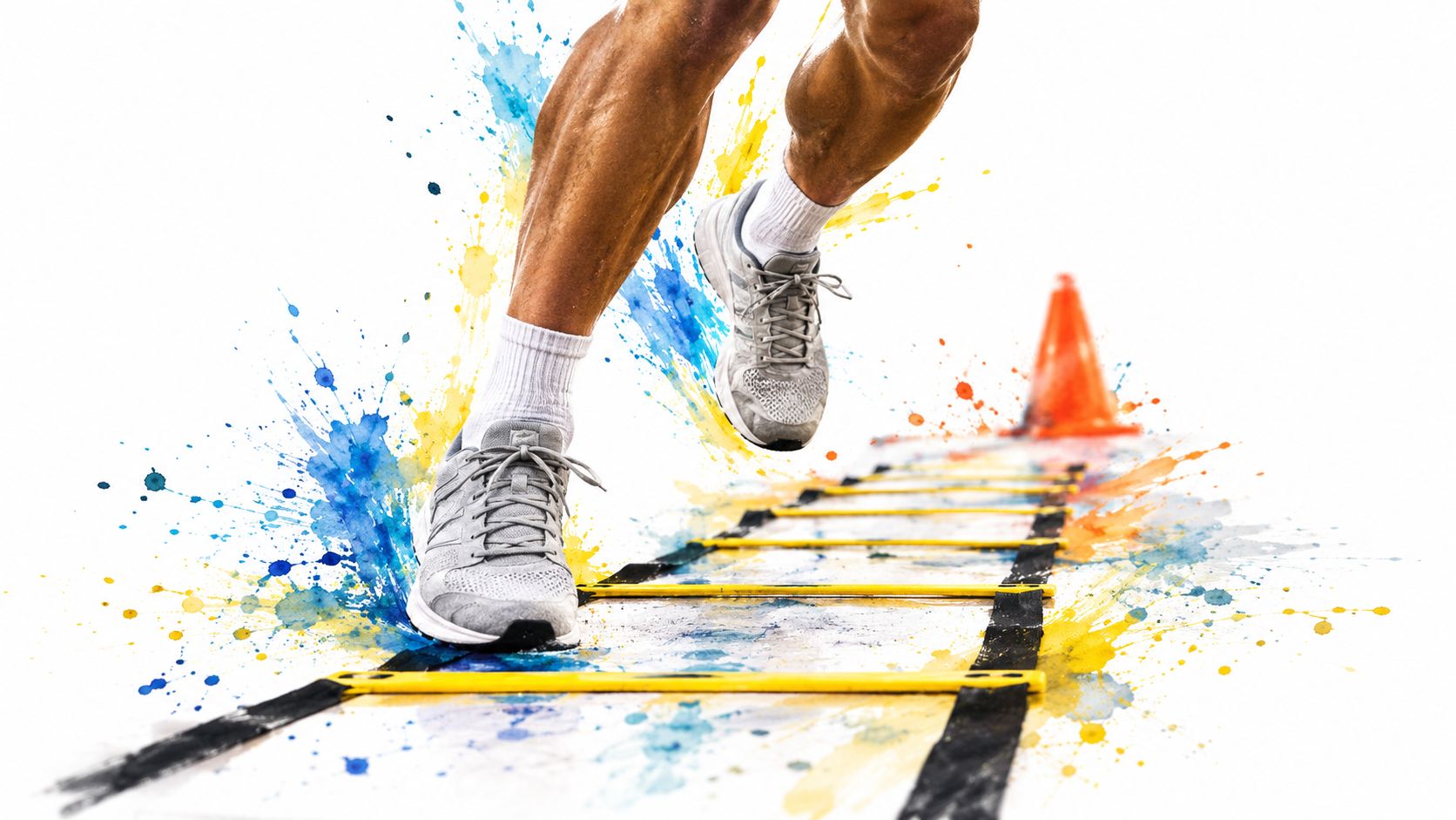 An athlete practicing agility footwork drills on a yellow speed ladder with colorful watercolor splash effects.