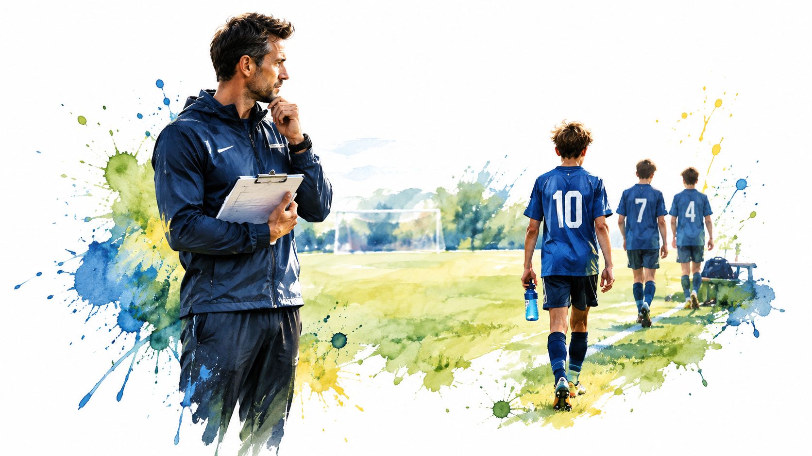 A focused soccer coach holding a clipboard watches three young players walking away on a field.