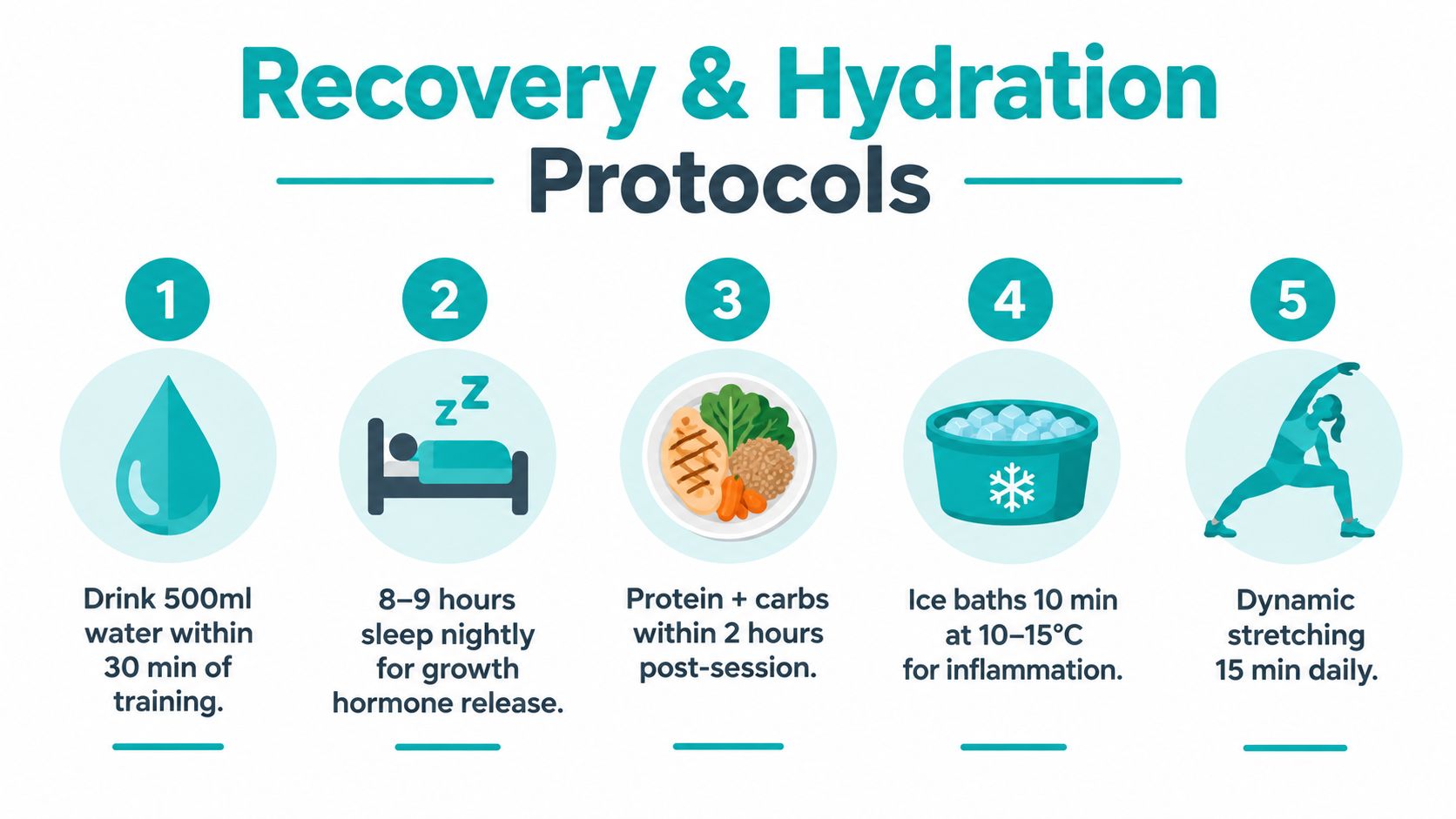 A recovery and hydration infographic illustrating five essential steps for athlete performance, including hydration, sleep, and nutrition.