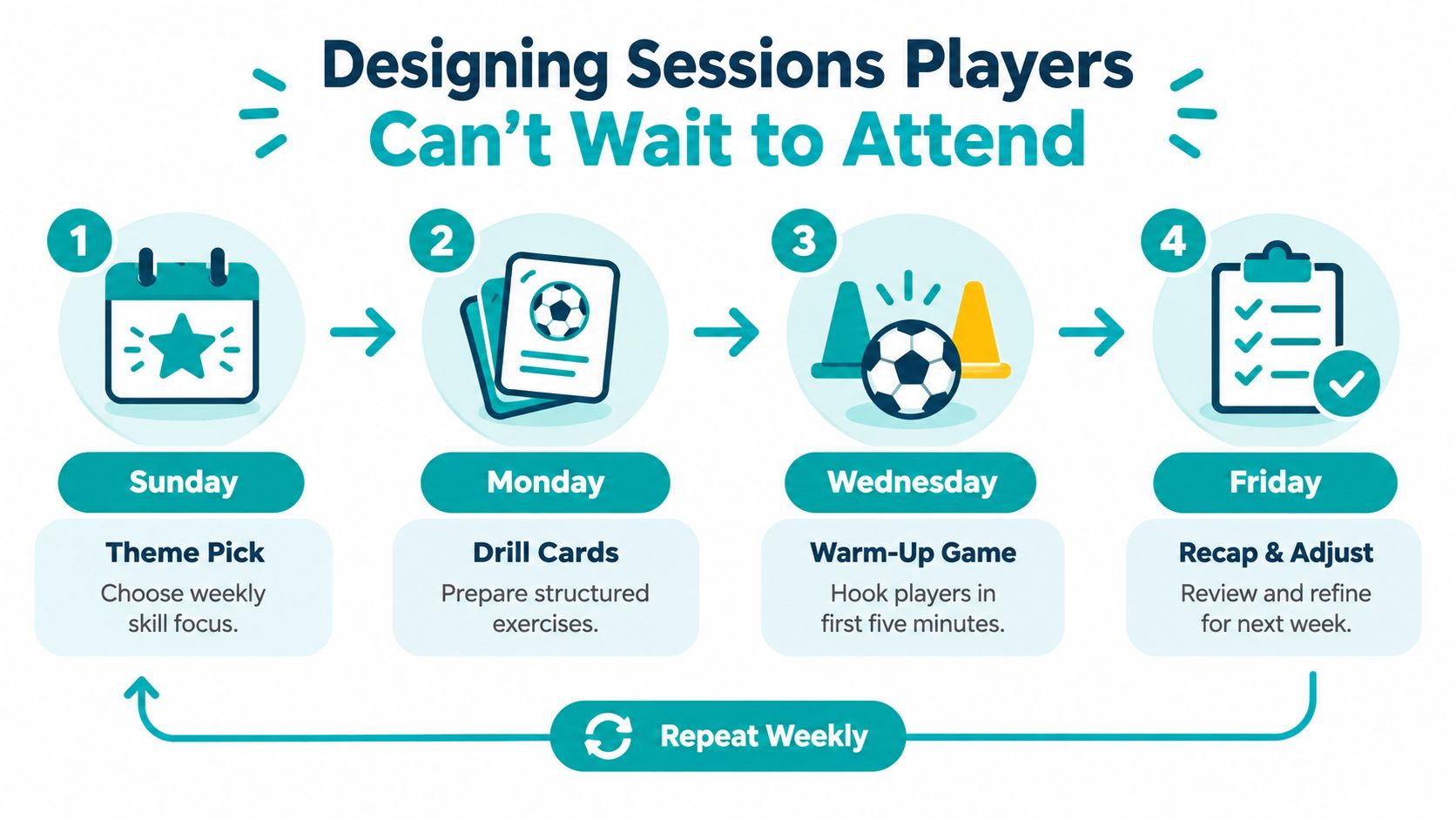 A four-step weekly plan infographic for designing engaging soccer training sessions, featuring calendar, drill cards, and review icons.