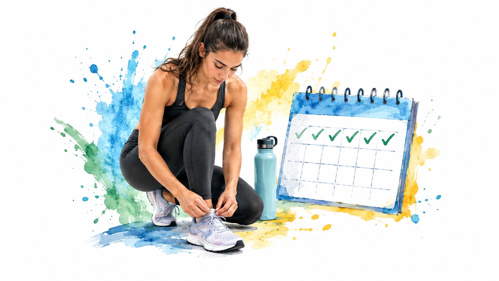 A woman tying her running shoes next to a water bottle and a calendar with checkmarks