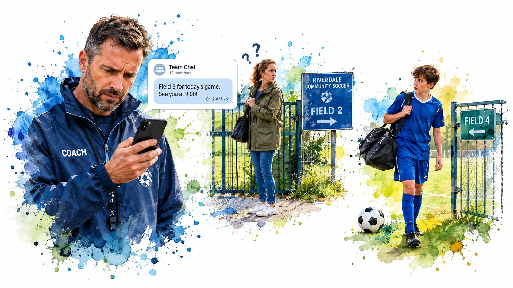 A soccer coach, a confused mother, and a player looking at signs for different fields in a park.