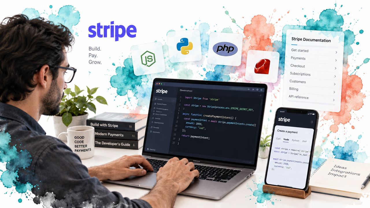 A developer working on a laptop with Stripe payment integration code, surrounded by programming language logos.