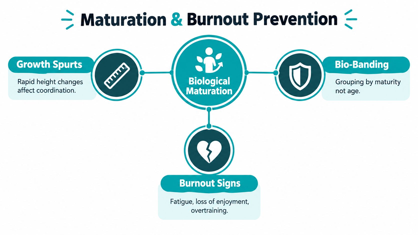 A diagram illustrating the connection between biological maturation, growth spurts, bio-banding, and signs of athlete burnout.