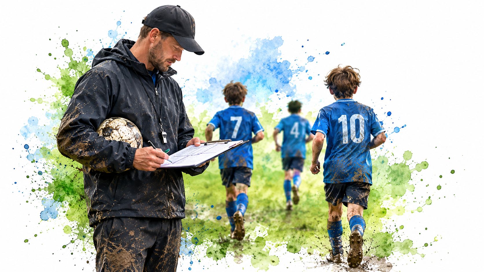 A soccer coach writing on a clipboard while standing on a muddy field near young players running.