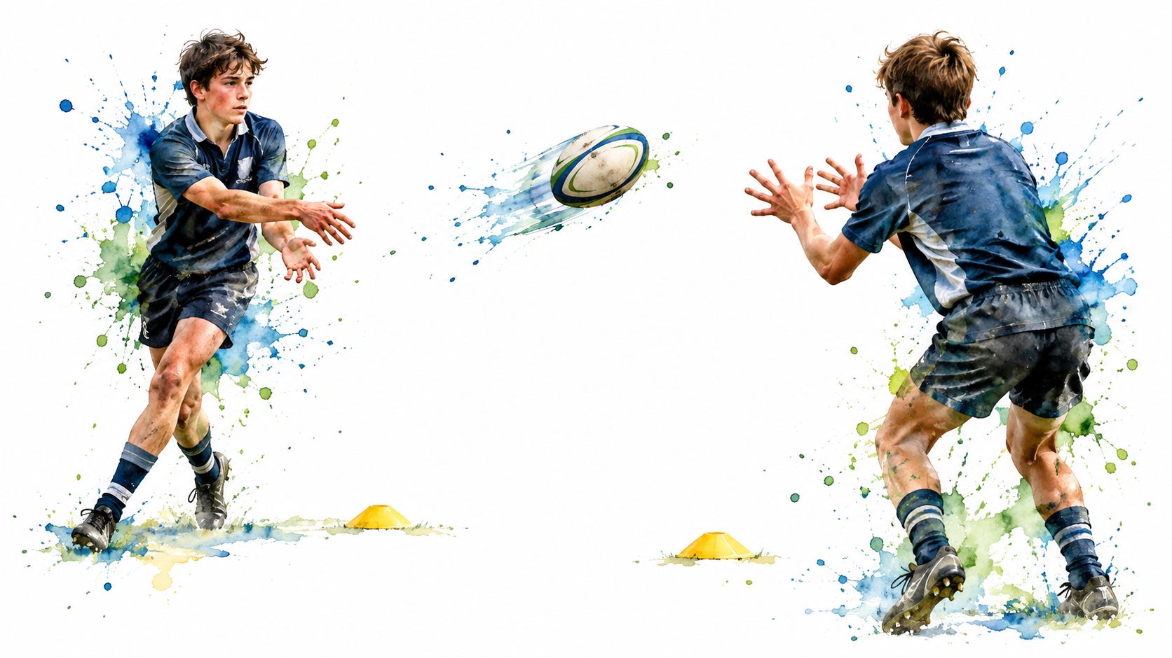 A watercolor illustration of two young rugby players practicing passing the ball on a white background.
