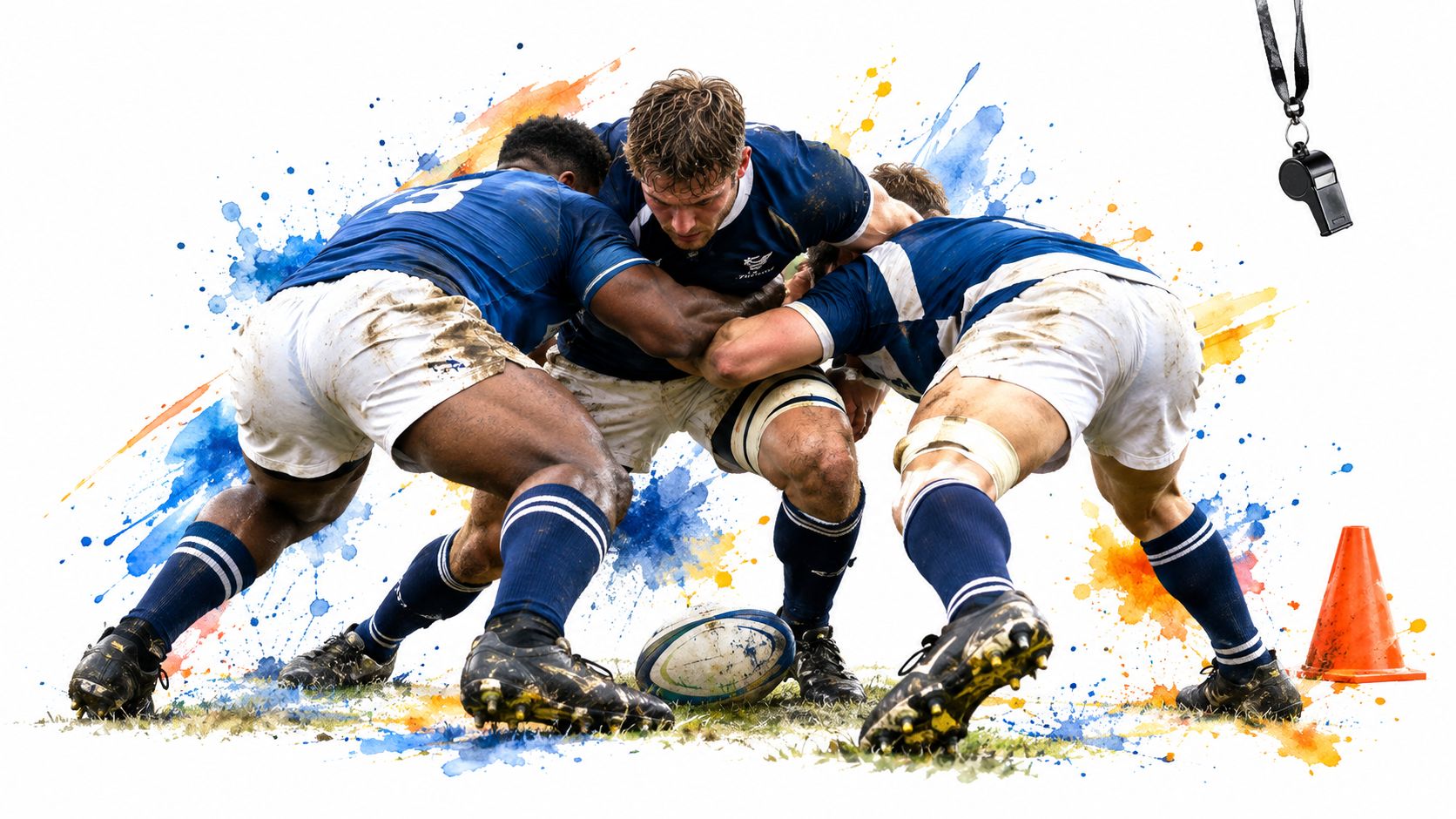 A group of rugby players engaged in a competitive scrum on a field with artistic paint splashes.