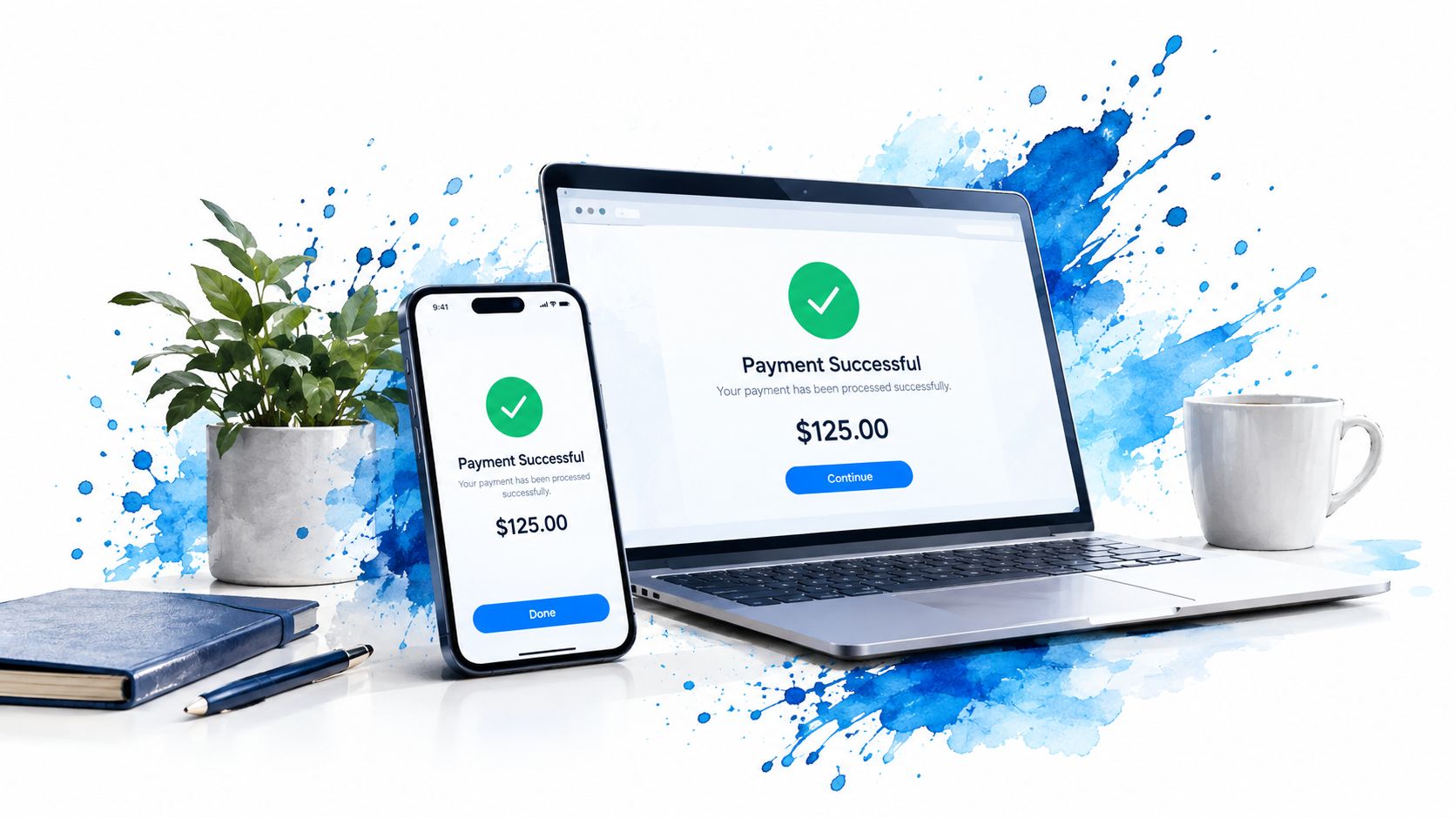A smartphone and a laptop showing a successful payment confirmation screen with a blue watercolor background.