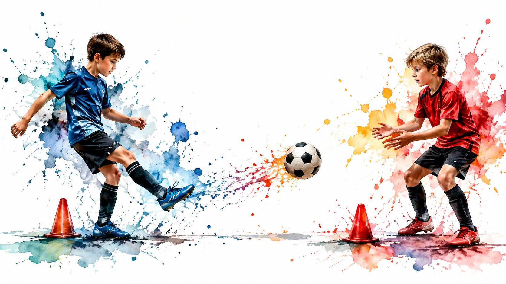 Two young boys in soccer uniforms practicing passing drills with a ball and cones on a white background.
