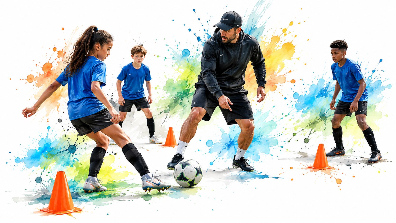 A professional soccer coach training young players on a field with vibrant watercolor splashes in the background.