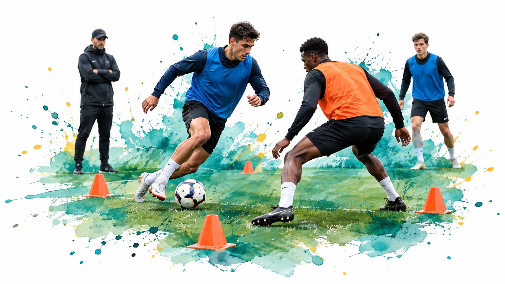 Two soccer players engaged in a tactical tackling drill on a grass field during a training session.