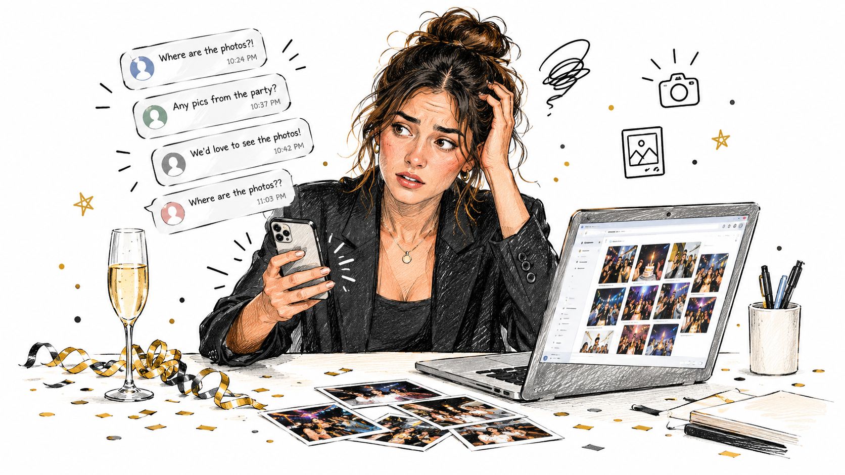 A stressed woman feeling overwhelmed while managing party photos on her smartphone and laptop after an event.