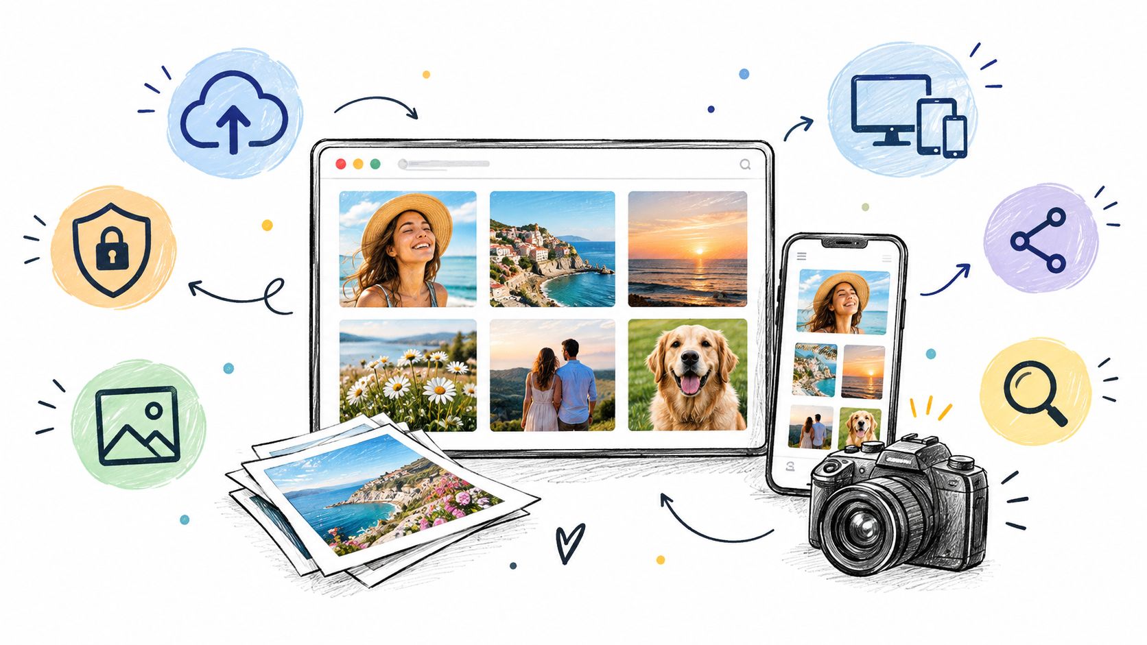 A digital display showcasing online photo gallery organization, cloud storage, security, sharing, and photography equipment.