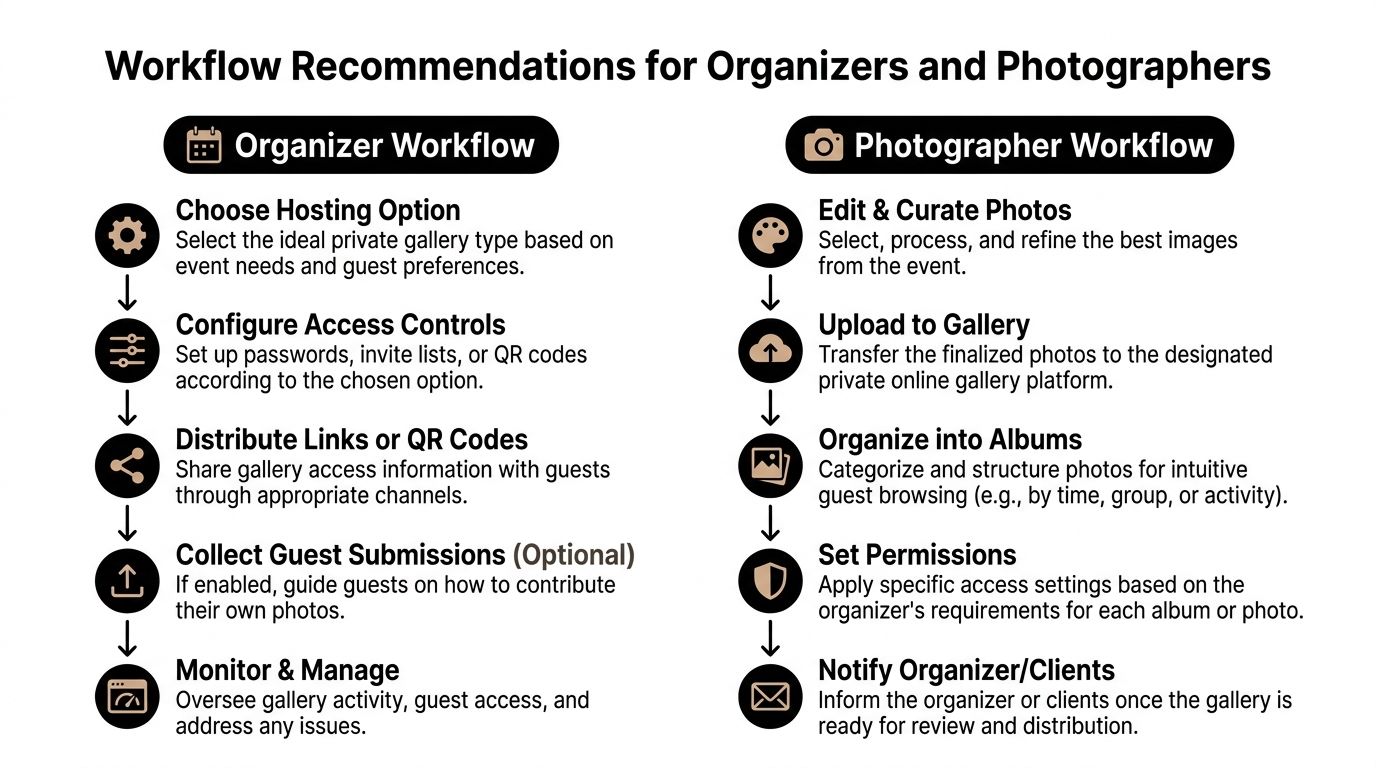 An infographic illustrating workflow recommendations for event organizers and professional photographers using private online photo galleries.