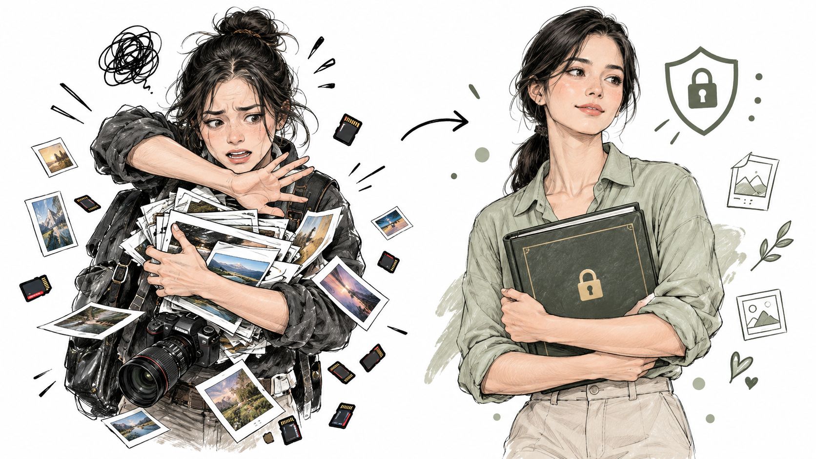 A split illustration showing a stressed photographer overwhelmed by loose photos contrasted with a calm person holding a secure locked album.