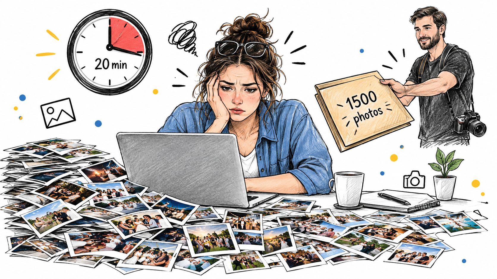 A woman looks stressed while managing a massive pile of wedding photos on her laptop.