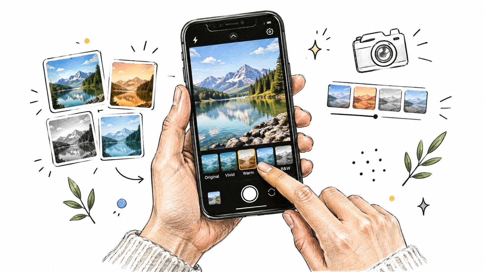 A hand holding a smartphone while selecting a warm photo filter for a landscape picture.