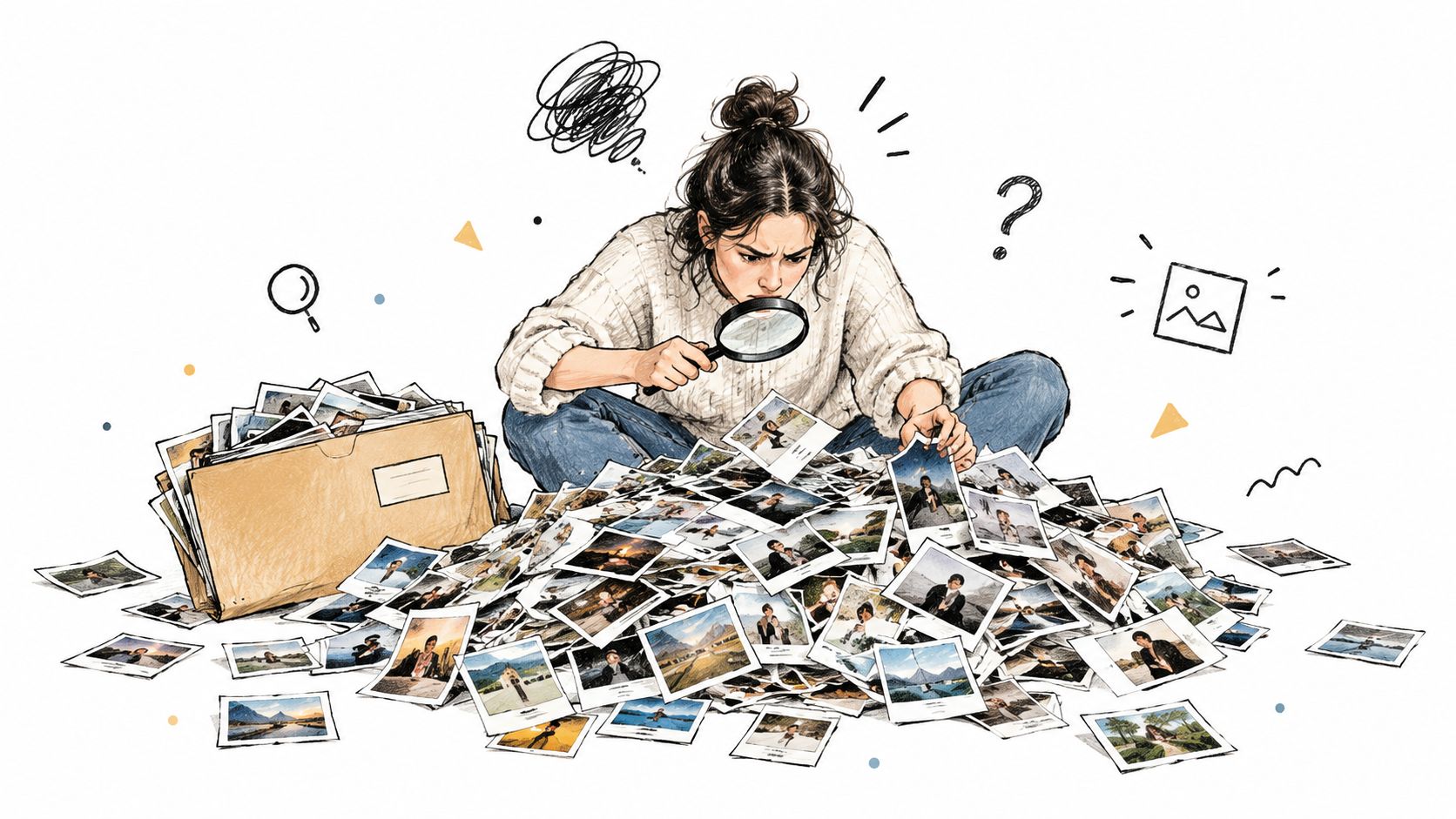 A woman sits on the floor surrounded by many scattered photographs, examining one with a magnifying glass.