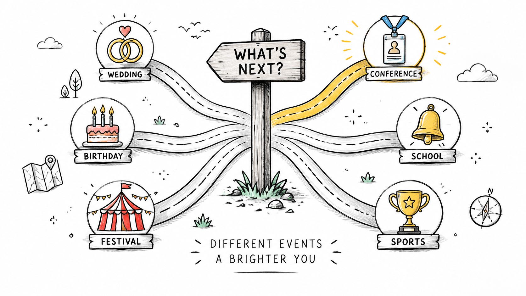 A hand-drawn illustration depicting various life events leading to personal growth with a signpost marked What's Next.