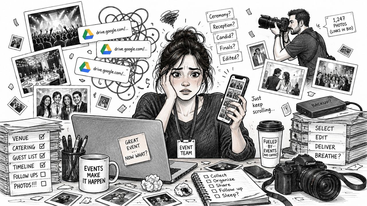 Stressed event planner looking at smartphone surrounded by scattered photos, checklists, and digital organization tools.