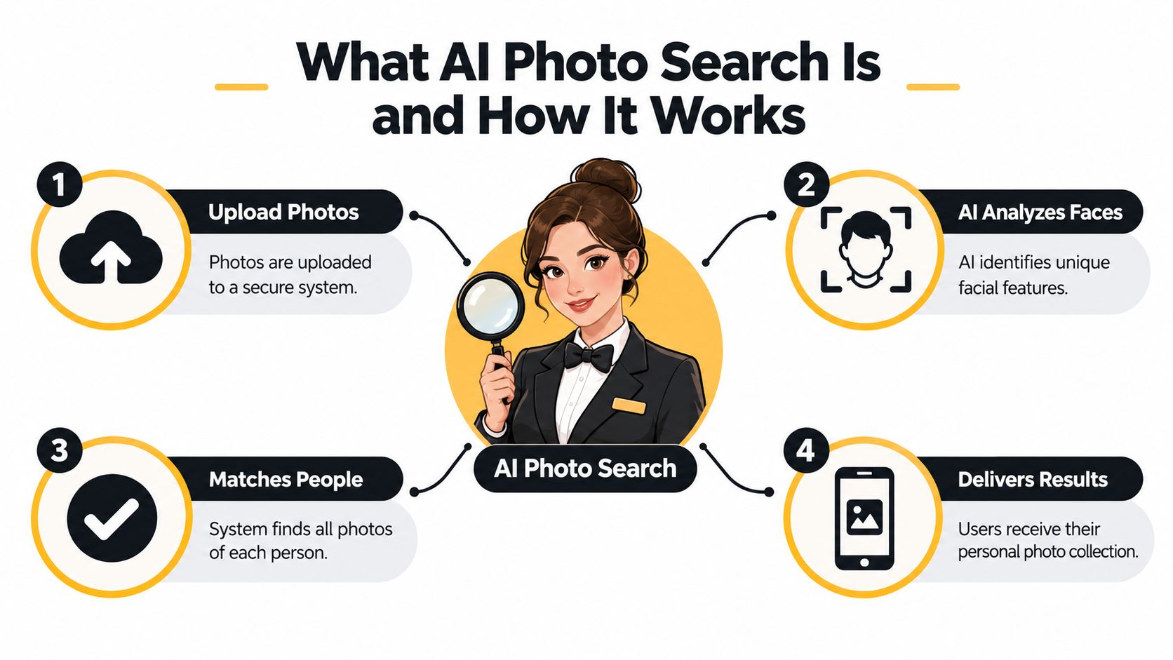 An infographic titled What AI Photo Search Is and How It Works explaining the four-step process.