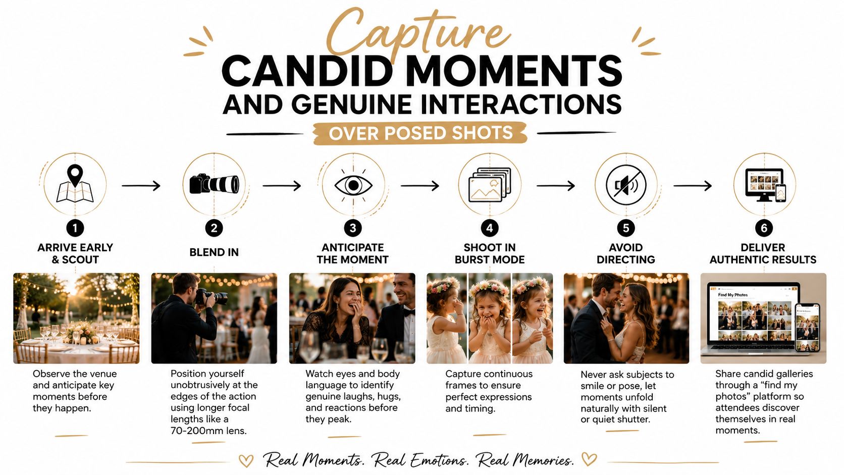 A six-step infographic guide on how to capture candid moments and authentic interactions in event photography.