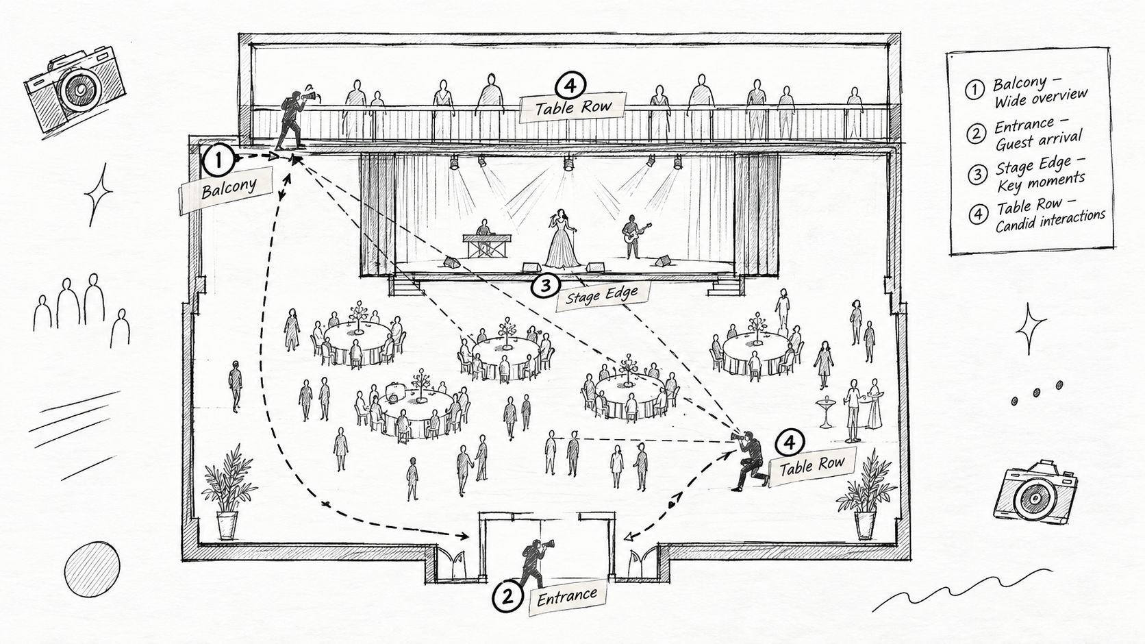 An overhead sketch of a ballroom layout showing camera placements and shooting angles for event photography.
