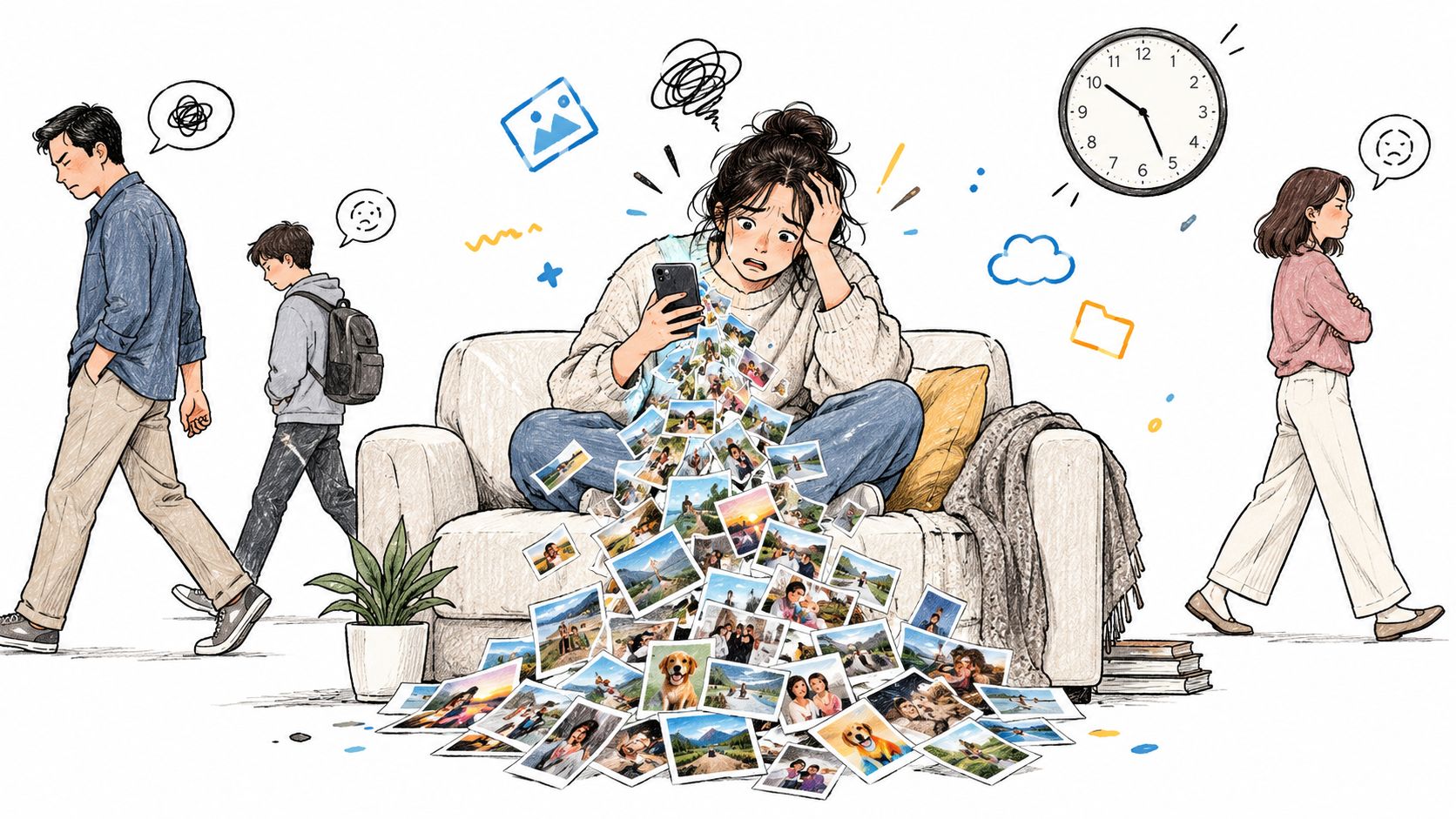 A woman sitting on a sofa looking stressed at her phone as photos overflow from the screen.