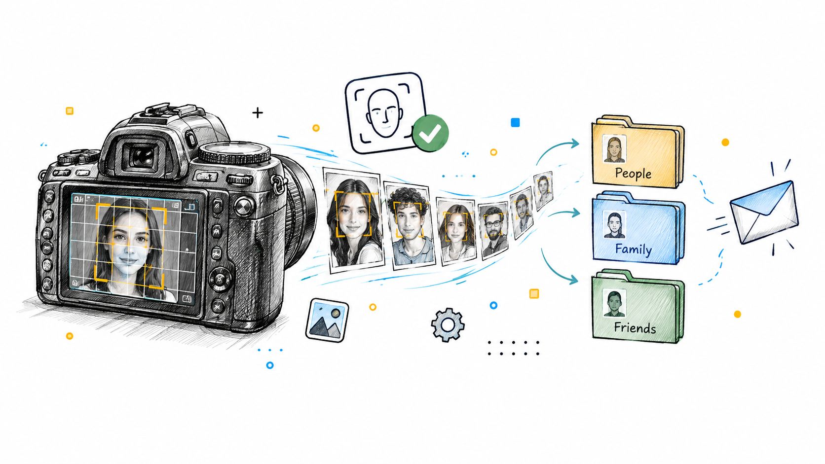 A digital illustration showing a DSLR camera automatically sorting portrait photos into organized folders for people, family, and friends.