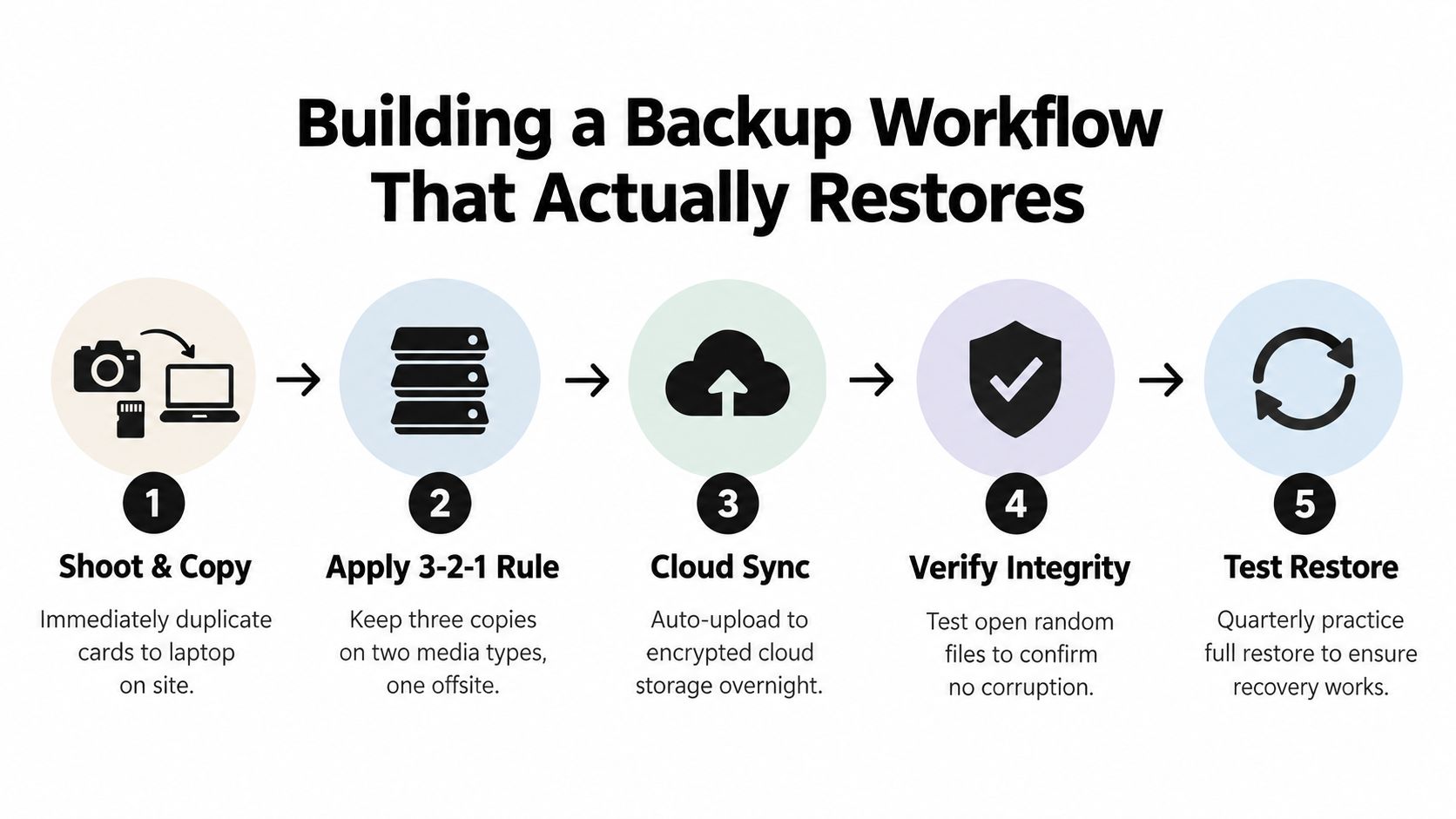 A five-step infographic showing a professional workflow for securing and restoring digital photography backups.