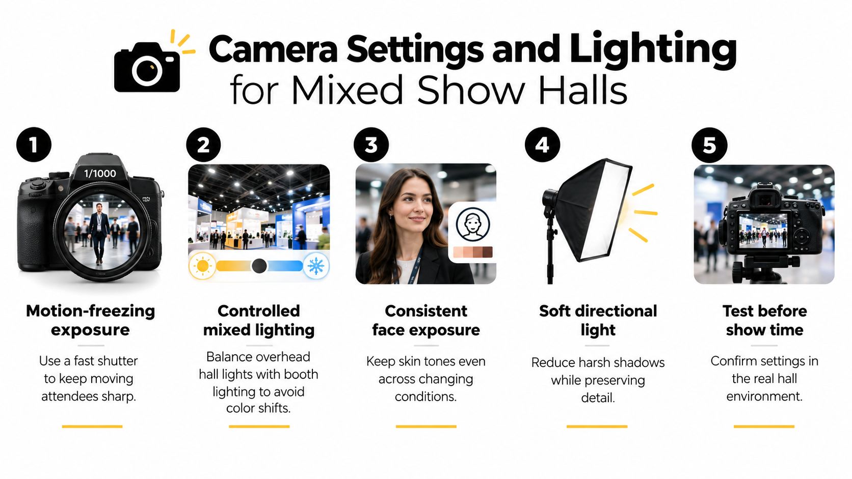 A five-step guide on camera settings and lighting techniques for photography in mixed show halls.
