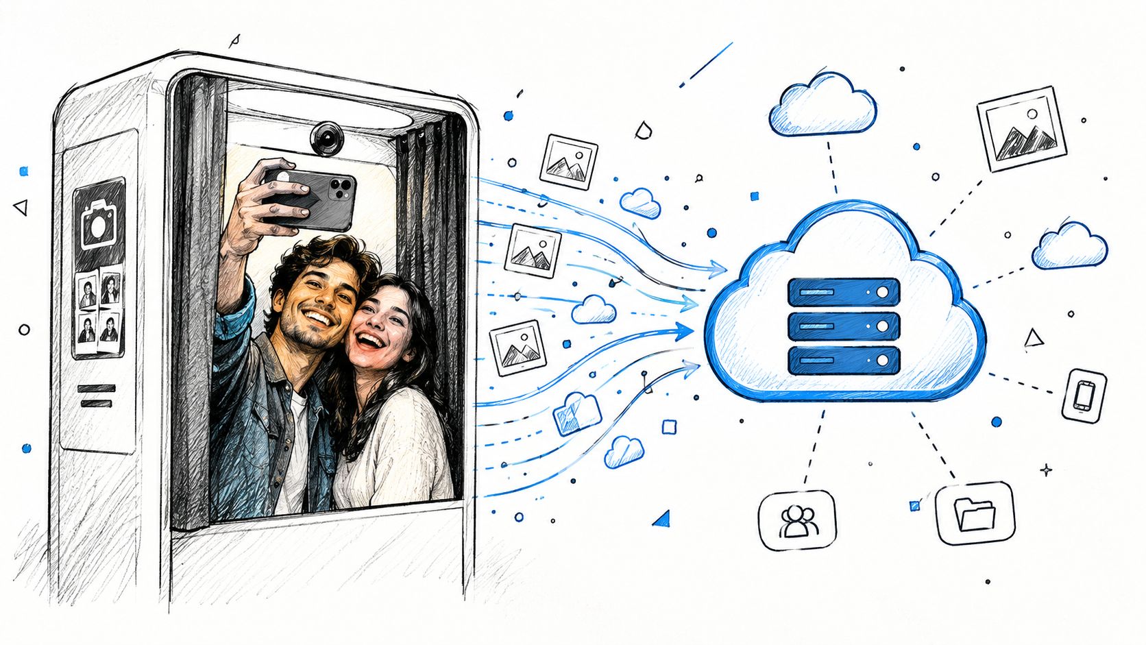 A couple taking a selfie inside a modern photo booth that uploads digital images to the cloud.