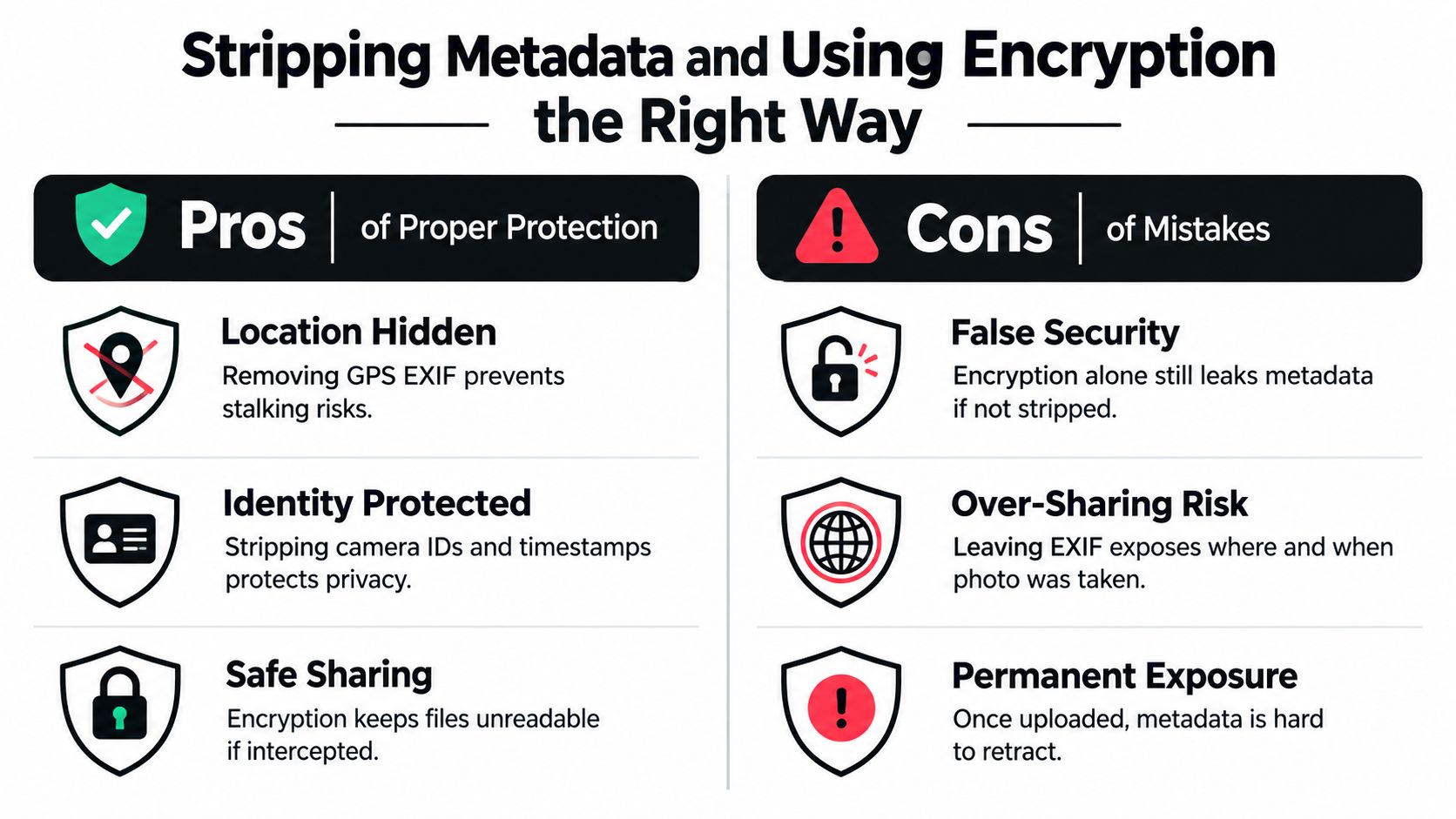 An infographic comparing the pros of stripping metadata versus the cons of common data privacy mistakes.