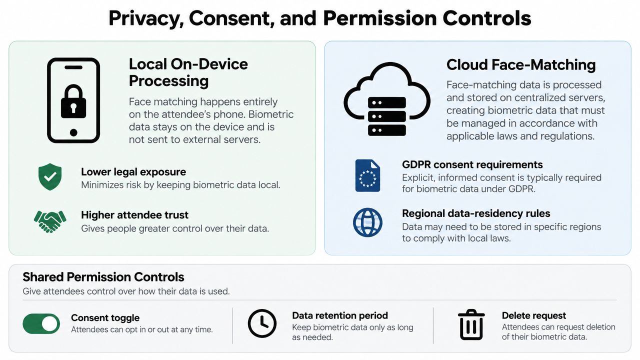 A comparison chart showing privacy and consent features for local versus cloud-based biometric face matching software.