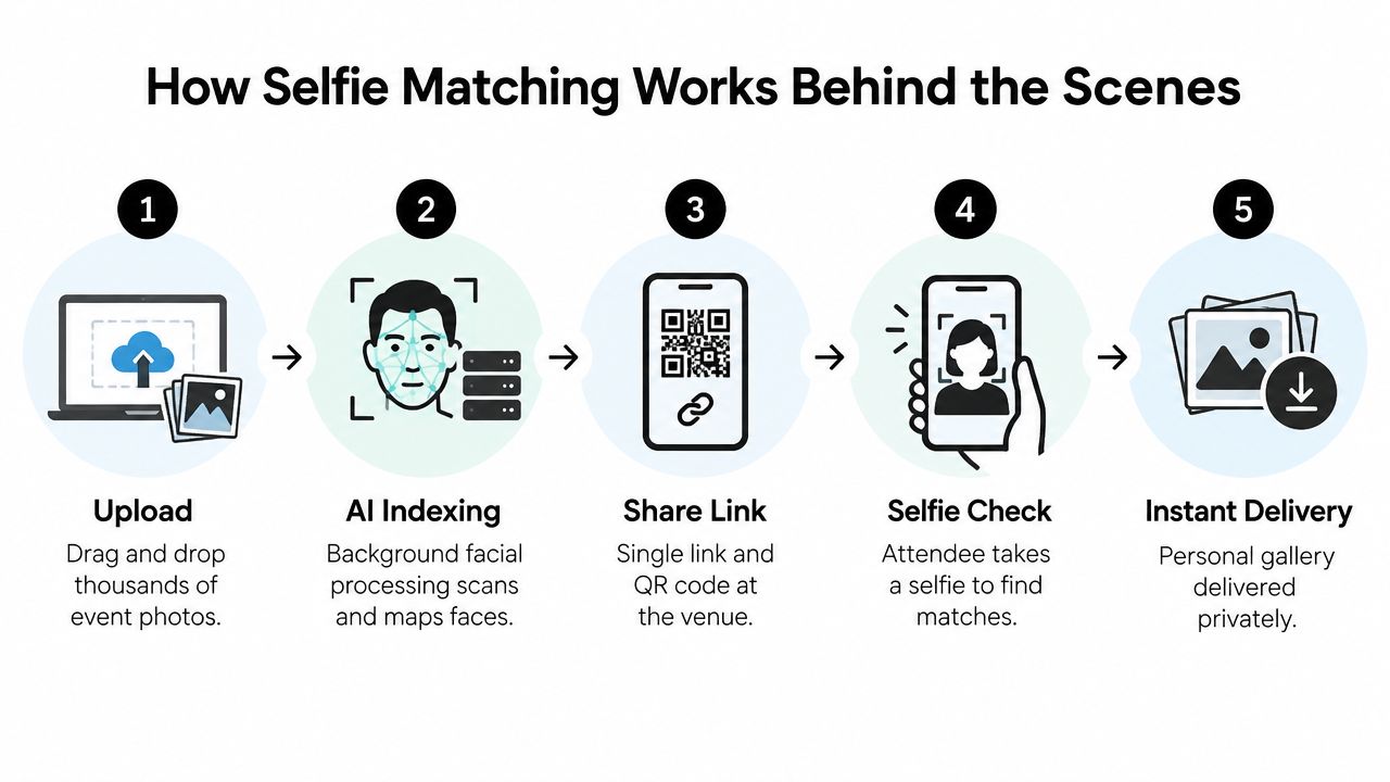 A five-step diagram explaining the process of AI-powered selfie matching for event photography and photo delivery.
