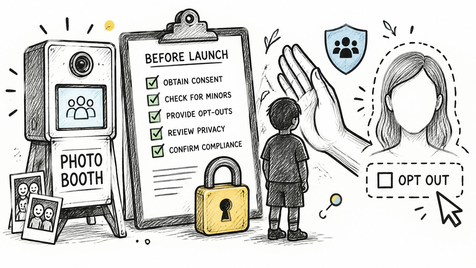A hand-drawn illustration showing a photo booth checklist for privacy compliance, including consent and opt-out options.