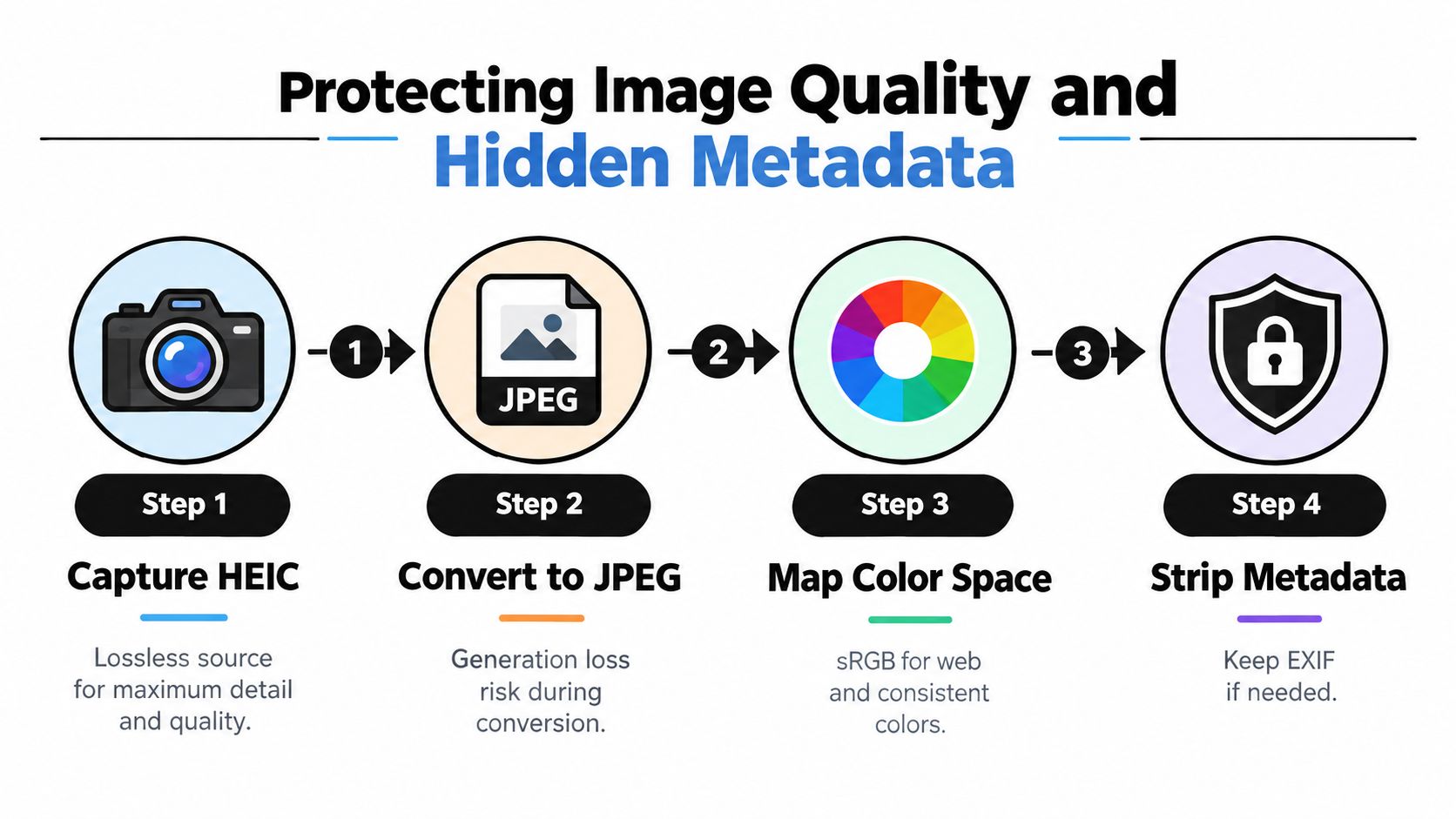 A diagram illustrating the process of protecting image quality and metadata during HEIC to JPEG conversion.