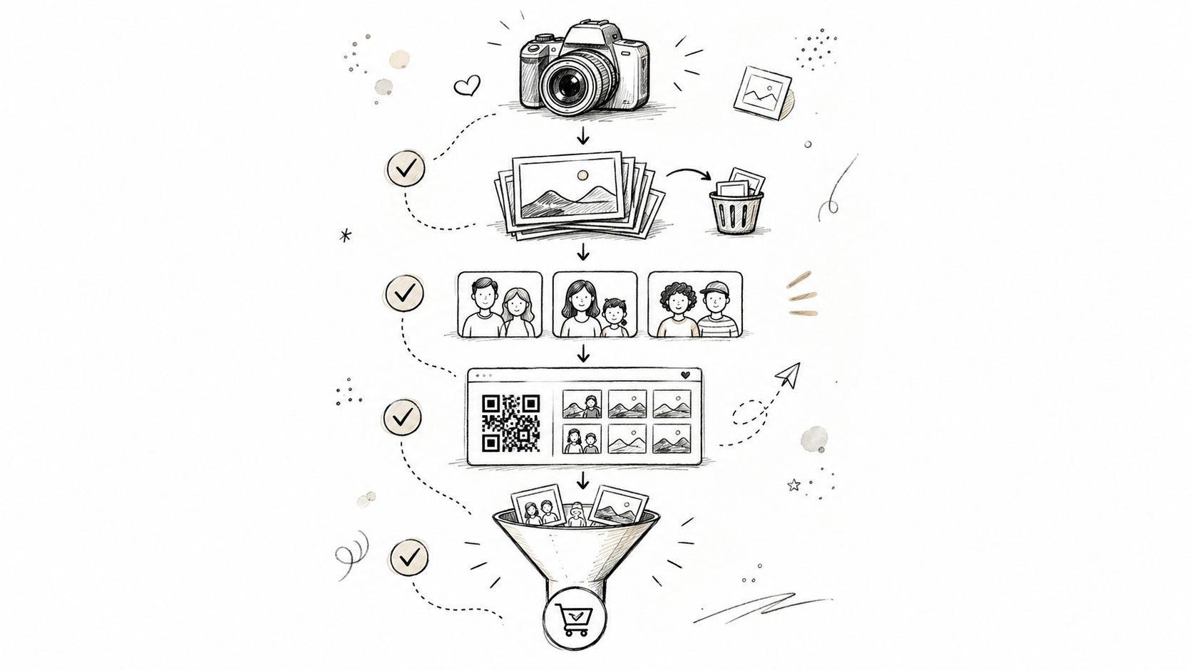 An illustrated flowchart showing the process of capturing, selecting, organizing, and selling event photos online.