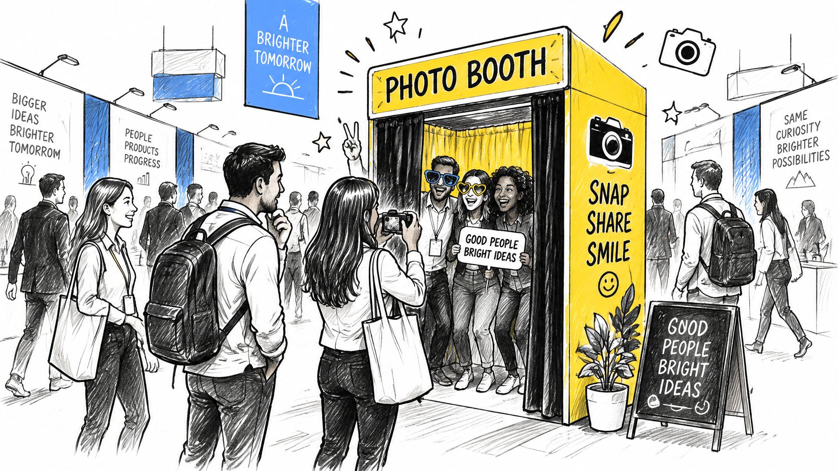 People interacting at a trade show photo booth with bright yellow branding and cheerful illustrated characters.