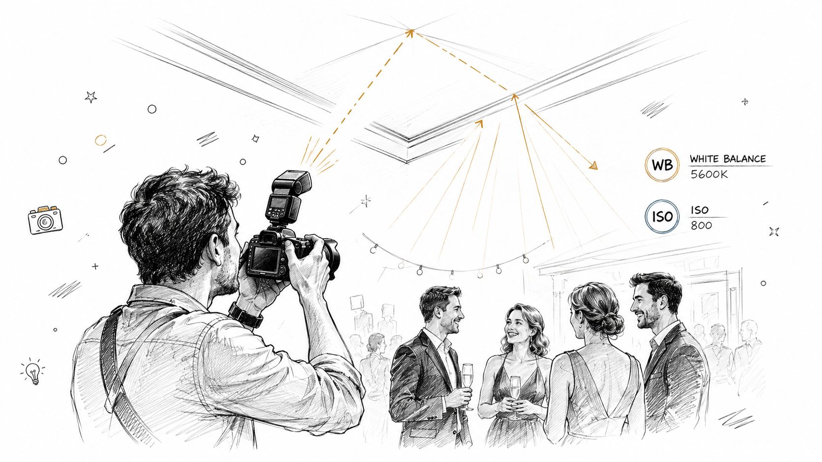 A photographer bounces camera flash off the ceiling to illuminate a social gathering at a formal event.