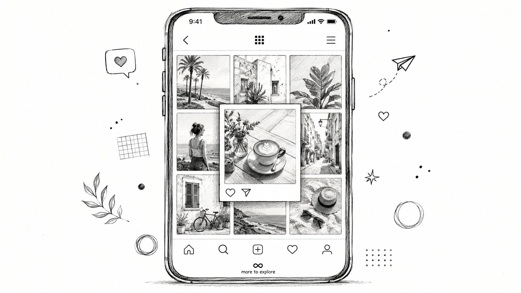 A hand-drawn sketch of a smartphone displaying a social media profile grid with a featured coffee photo.
