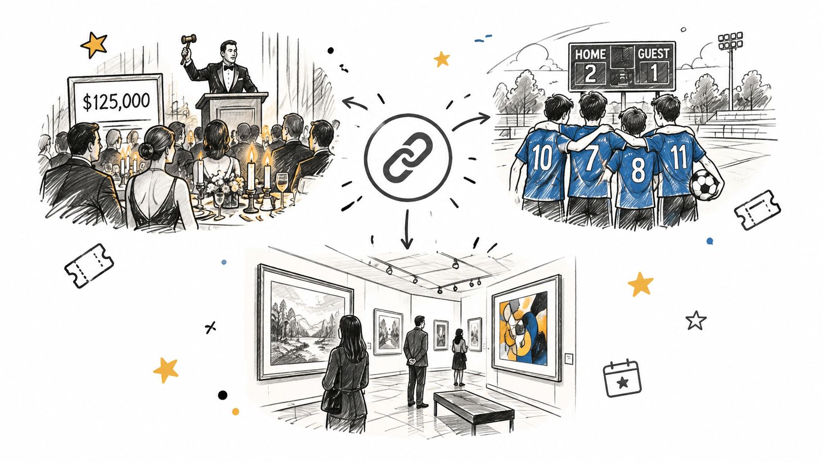 A conceptual illustration showing a central chain link icon connecting auction, sports, and art gallery scenes.