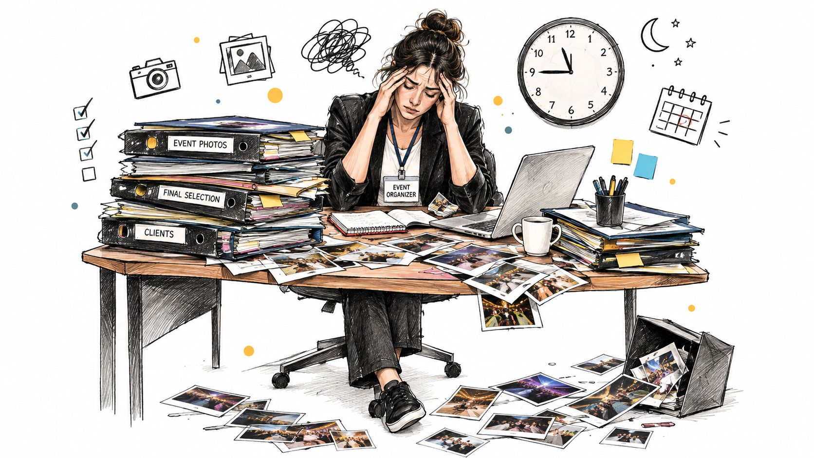 A stressed event organizer sits at a cluttered desk overwhelmed by stacks of photos and paperwork.
