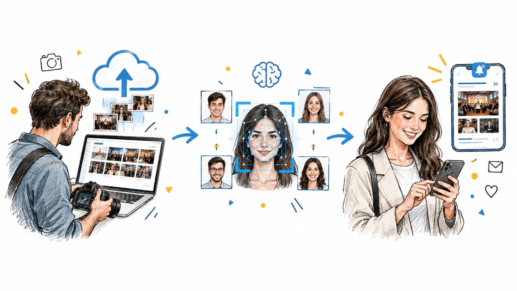 A digital illustration showing a photographer uploading photos to the cloud, AI processing, and a recipient viewing results.