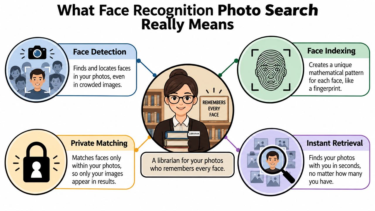 An infographic explaining how face recognition photo search technology works using a librarian metaphor for accessibility.
